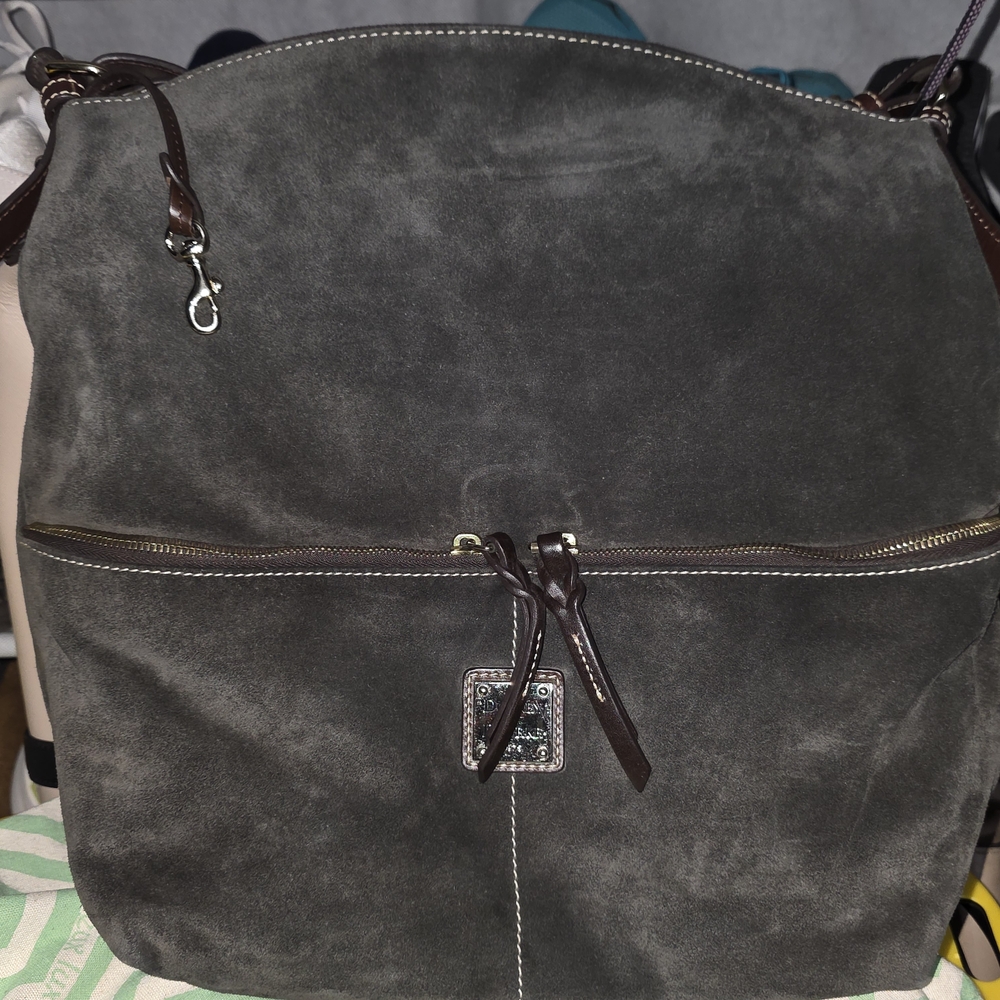 Dooney & Bourke Dark Gray Suede Shoulder Bag with Brown Trim